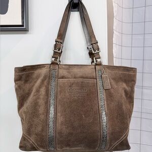 Coach Brown Beaded Suede Gallery Tote Shoulder Bag